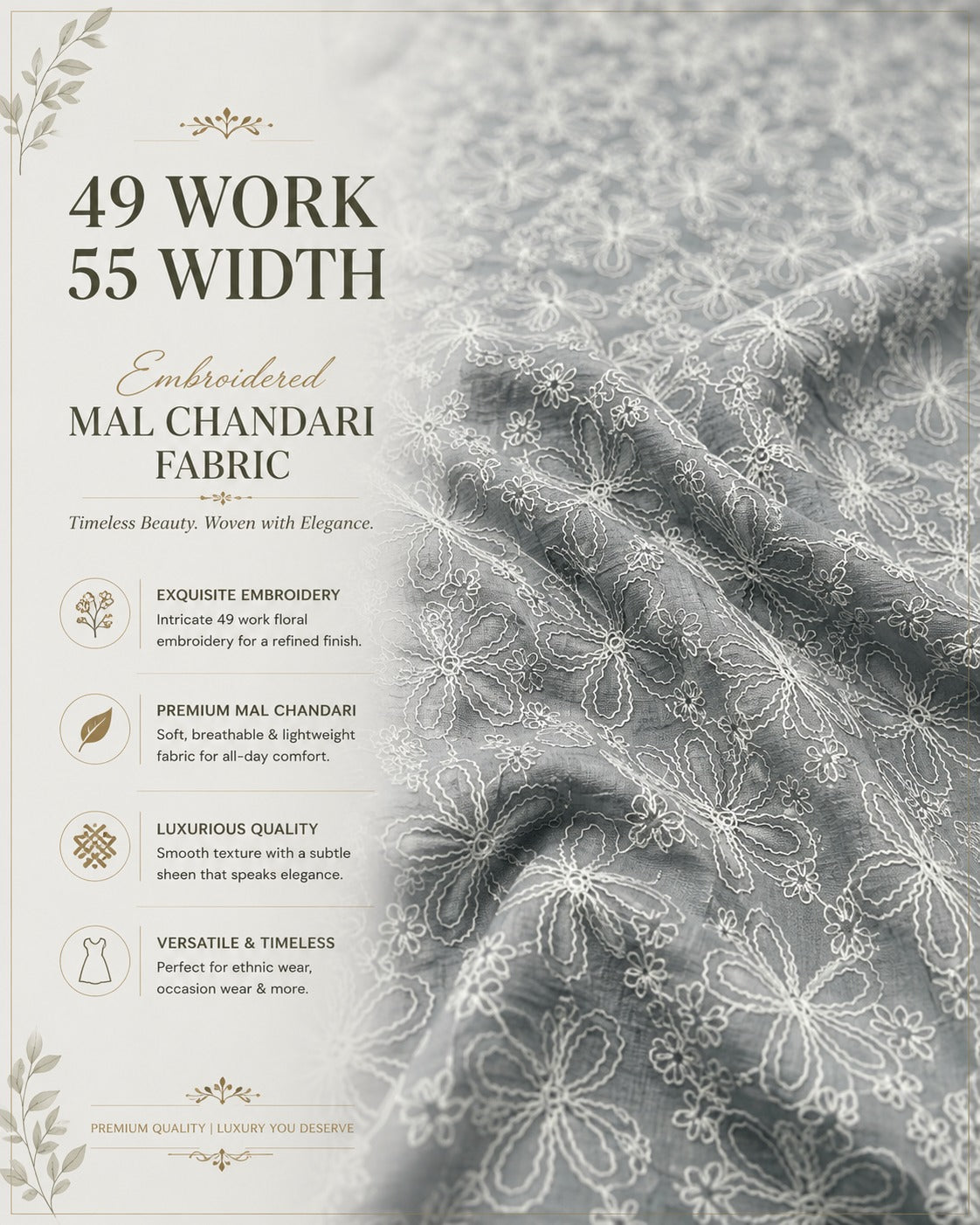 Soft Grey Embroidered Mal Chanderi Fabric With White Floral Thread Work | 49 Work | 55 Inch Width | ThreadnThan