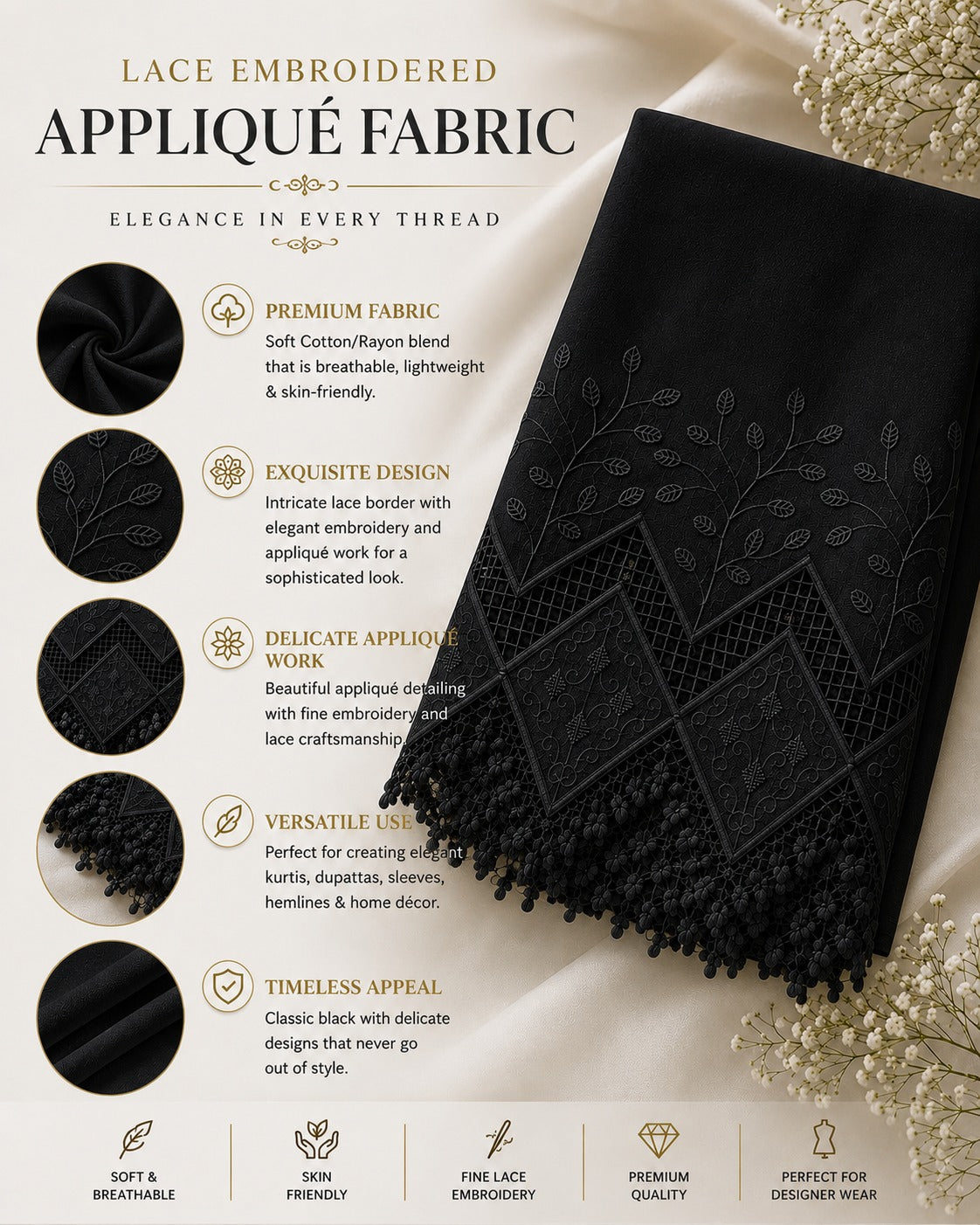 Luxury Cotton Embroidered Appliqué Fabric Width 42" | Designer Lace Border Fabric for Kurtis, Palazzo & Boutique Wear