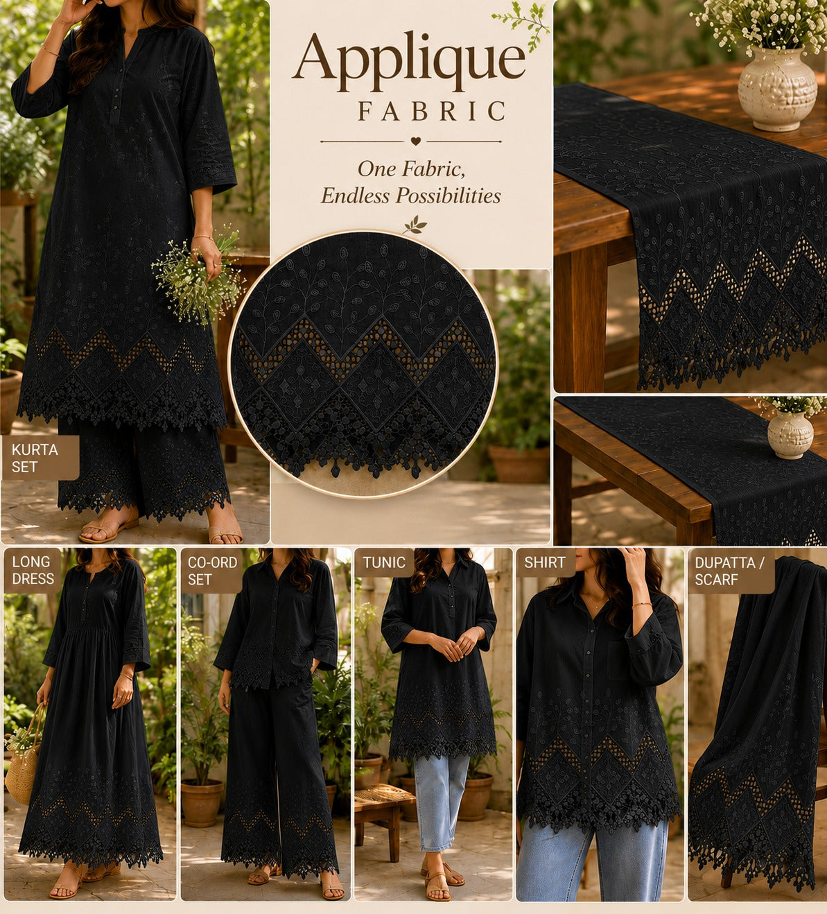 Luxury Cotton Embroidered Appliqué Fabric Width 42" | Designer Lace Border Fabric for Kurtis, Palazzo & Boutique Wear