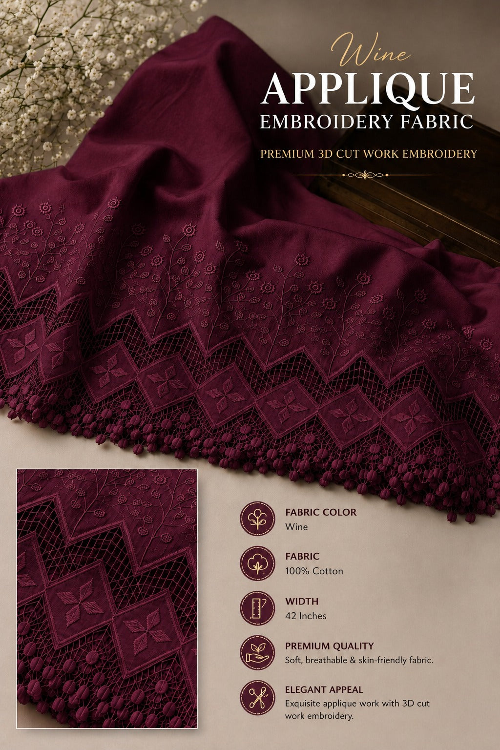 Premium Wine Cotton Applique Embroidery Fabric with 3D Cutwork | 42 Inch Width for Kurti, Palazzo Pant, Suit, Co-Ord Set & Dress Material
