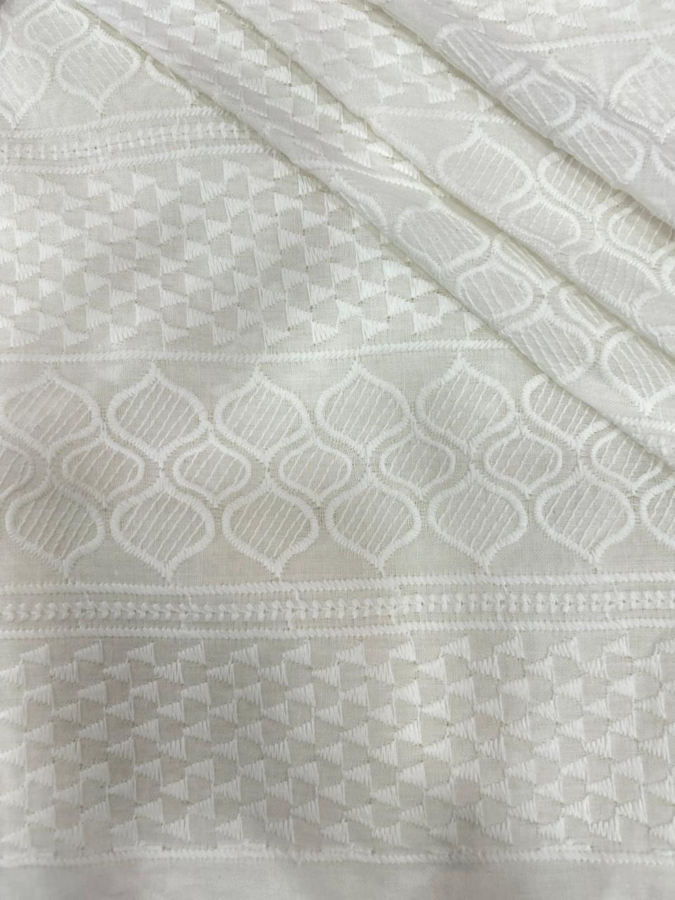 White cotton patta fabric men’s ethnic wear material with jacquard woven texture