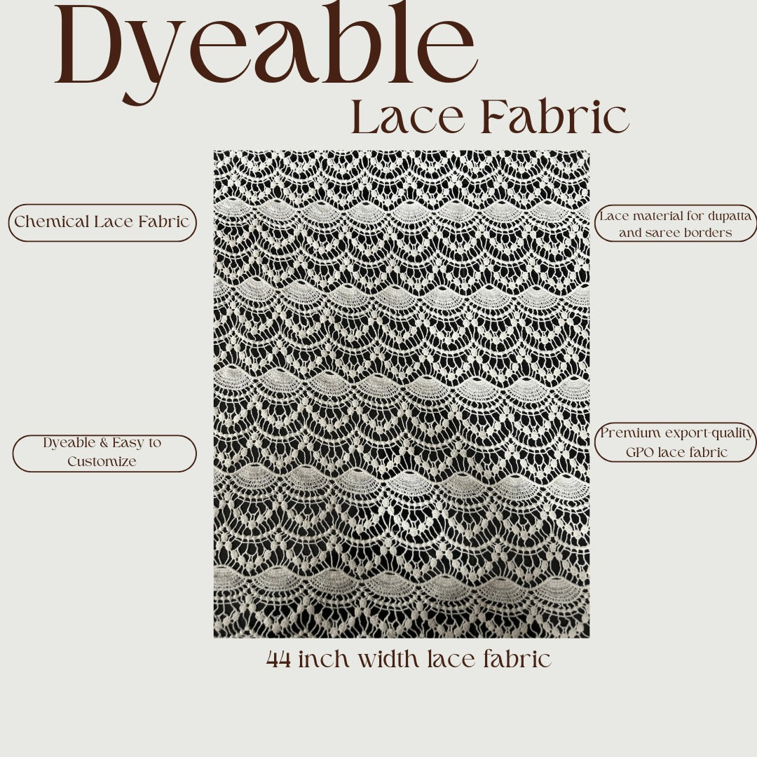 White GPO lace fabric with scallop embroidery pattern close-up.