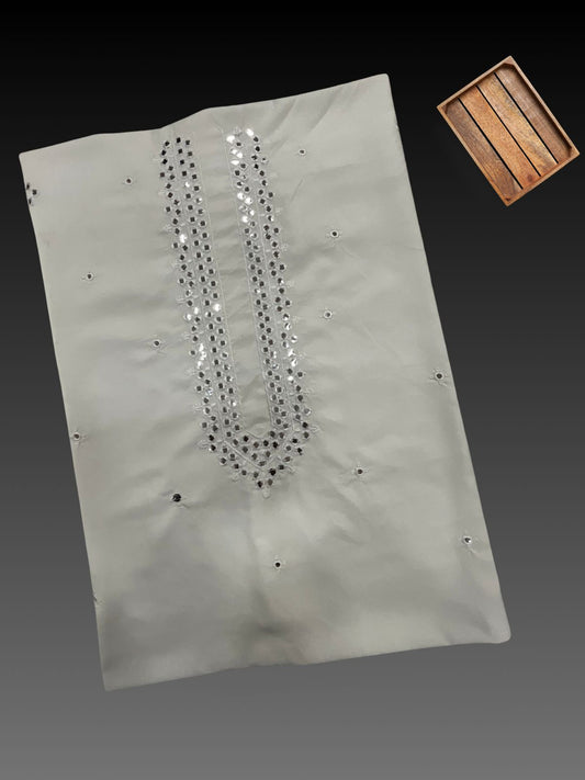 Men's white unstitched kurta fabric with traditional Shisha mirror work and embroidery. Perfect material for bespoke Indian ethnic wear and designer men's suits.