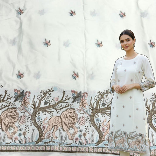 Premium white malai satin suit fabric for women with heavy embroidery, lion daman border and all over butti work, 55 inch width