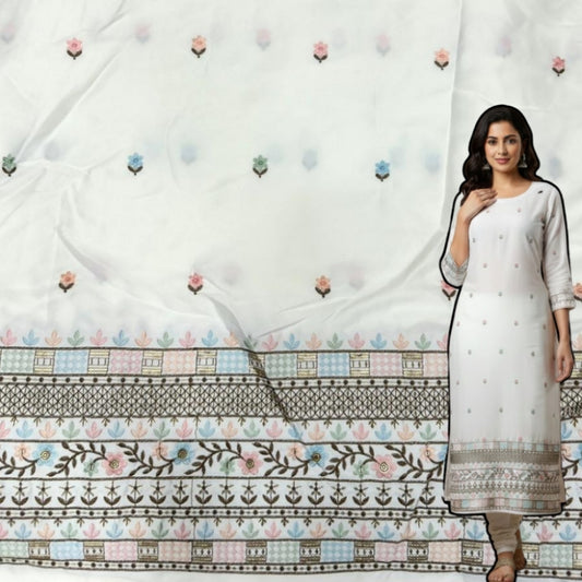 Premium white malai satin suit fabric for women with heavy embroidery, floral daman border and all over butti work, 55 inch width