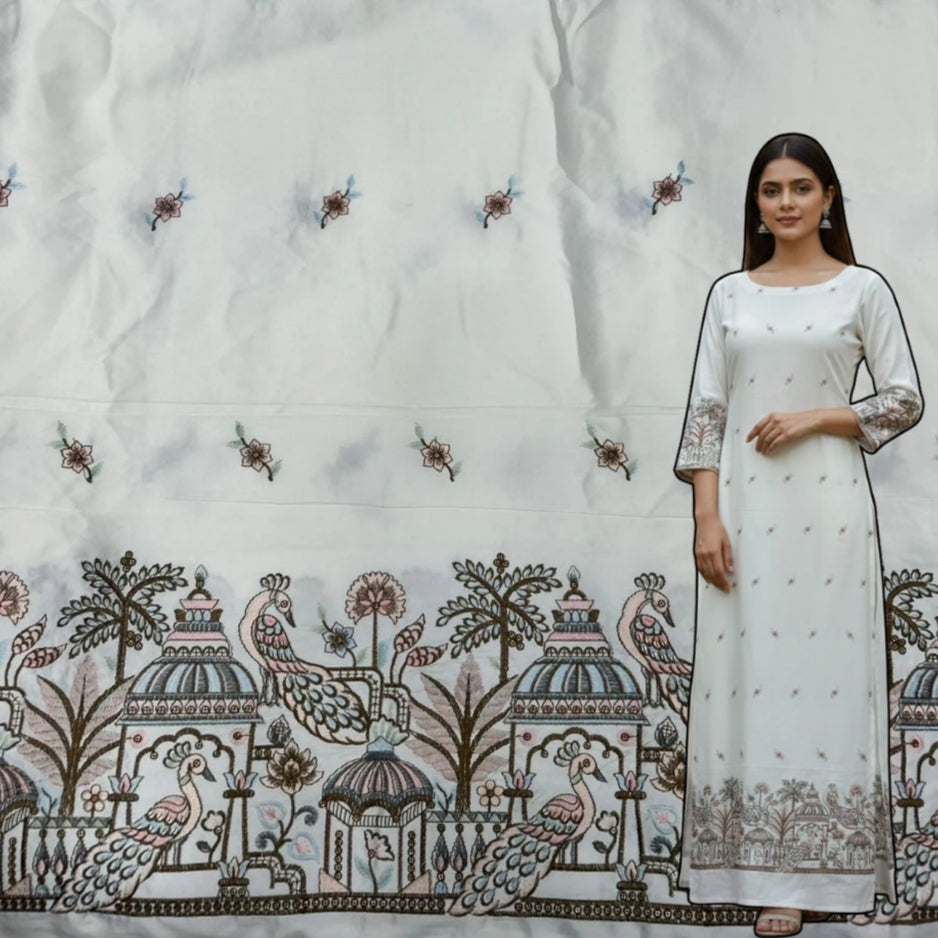 Designer white malai satin suit fabric for women with heavy embroidery, peacock border and butti work, 55 inch width