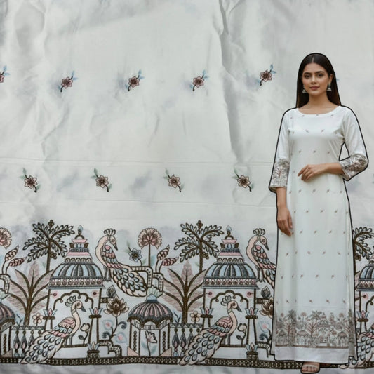 Designer white malai satin suit fabric for women with heavy embroidery, peacock border and butti work, 55 inch width