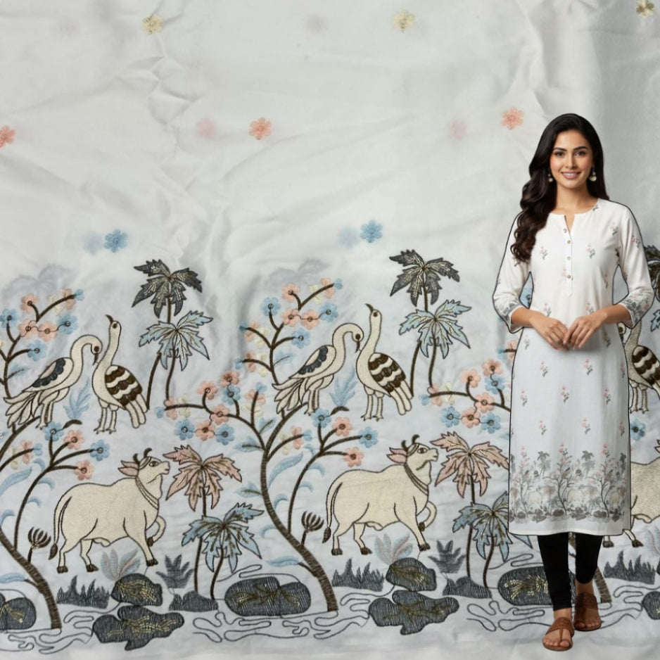 Premium white malai satin suit fabric for women with heavy embroidery and cow nature daman border, 55 inch width