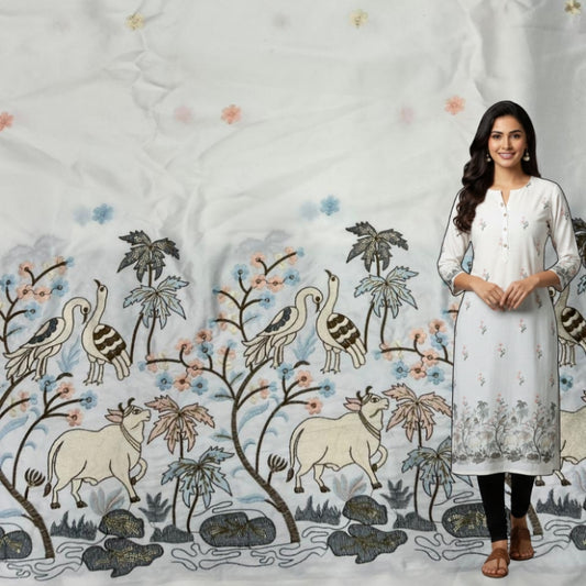 Premium white malai satin suit fabric for women with heavy embroidery and cow nature daman border, 55 inch width