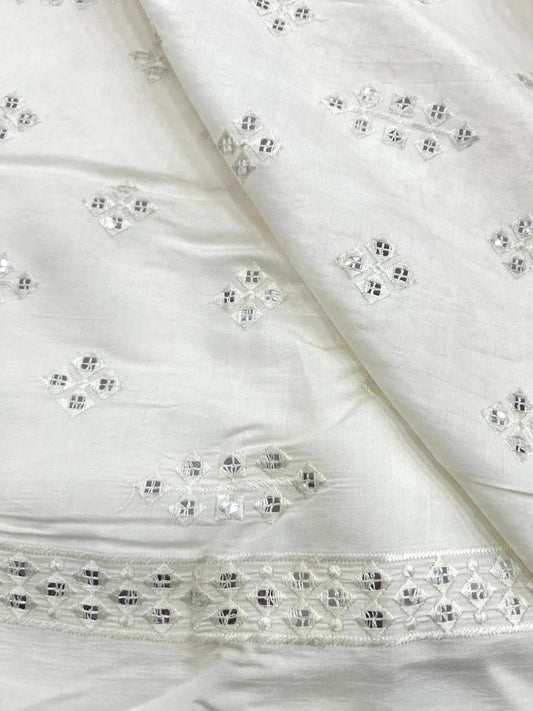 White Roman Silk Fabric with Mirror Work for Men’s Kurta Design.