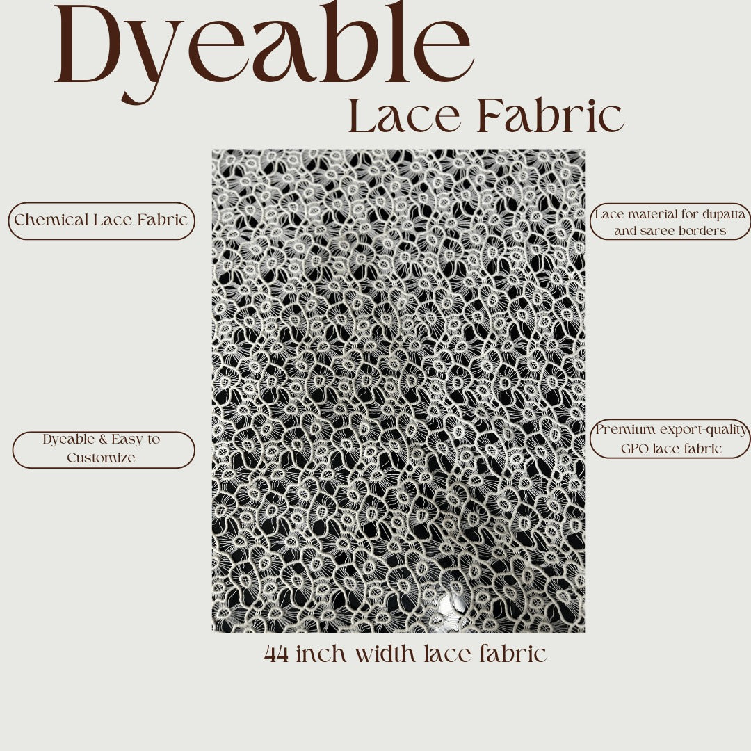 White GPO chemical lace fabric with floral cutwork embroidery close-up.