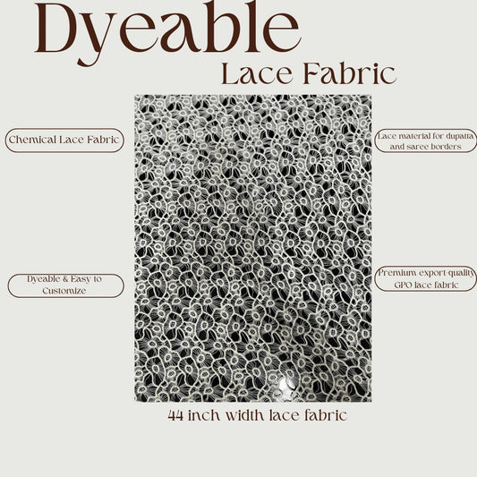 White GPO chemical lace fabric with floral cutwork embroidery close-up.