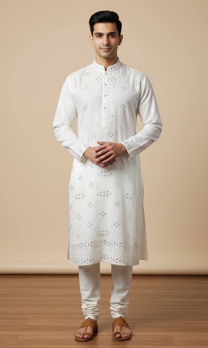 Luxury White Roman Silk Mirror Work Fabric for Tailored Ethnic Kurta.