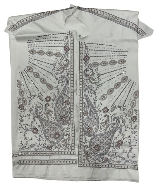 Off-white unstitched fabric with intricate silver and brown embroidery. Features large, detailed paisley motifs and shimmering sequin work.