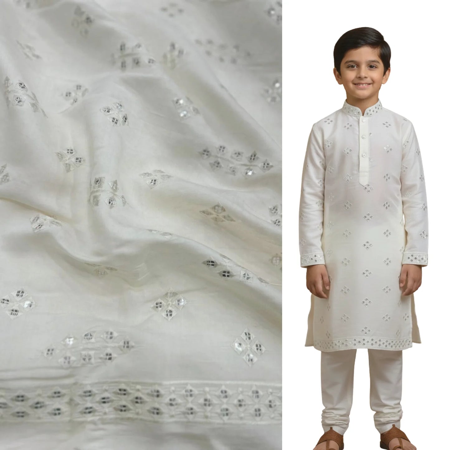 White Roman silk fabric for kids with subtle mirror embroidery.