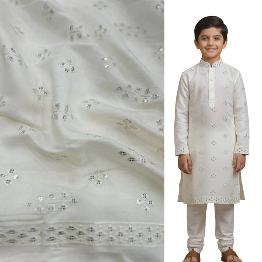 White Roman silk fabric for kids with subtle mirror embroidery.
