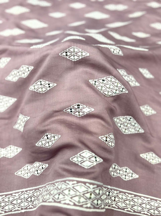 Men’s onion pink Roman silk kurta fabric with white mirror work and embroidery — premium festive material.