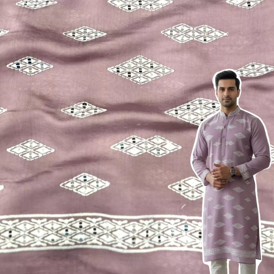 Premium onion pink Roman silk fabric for men with mirror accents and white embroidered motifs — ideal for wedding outfits.