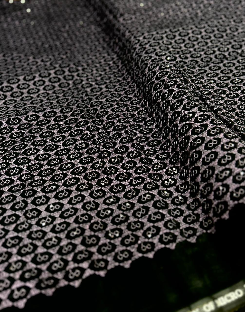 Black wine-purple premium velvet fabric with geometric woven pattern for sherwani and blazer material.