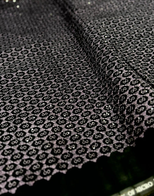 Black wine-purple premium velvet fabric with geometric woven pattern for sherwani and blazer material.