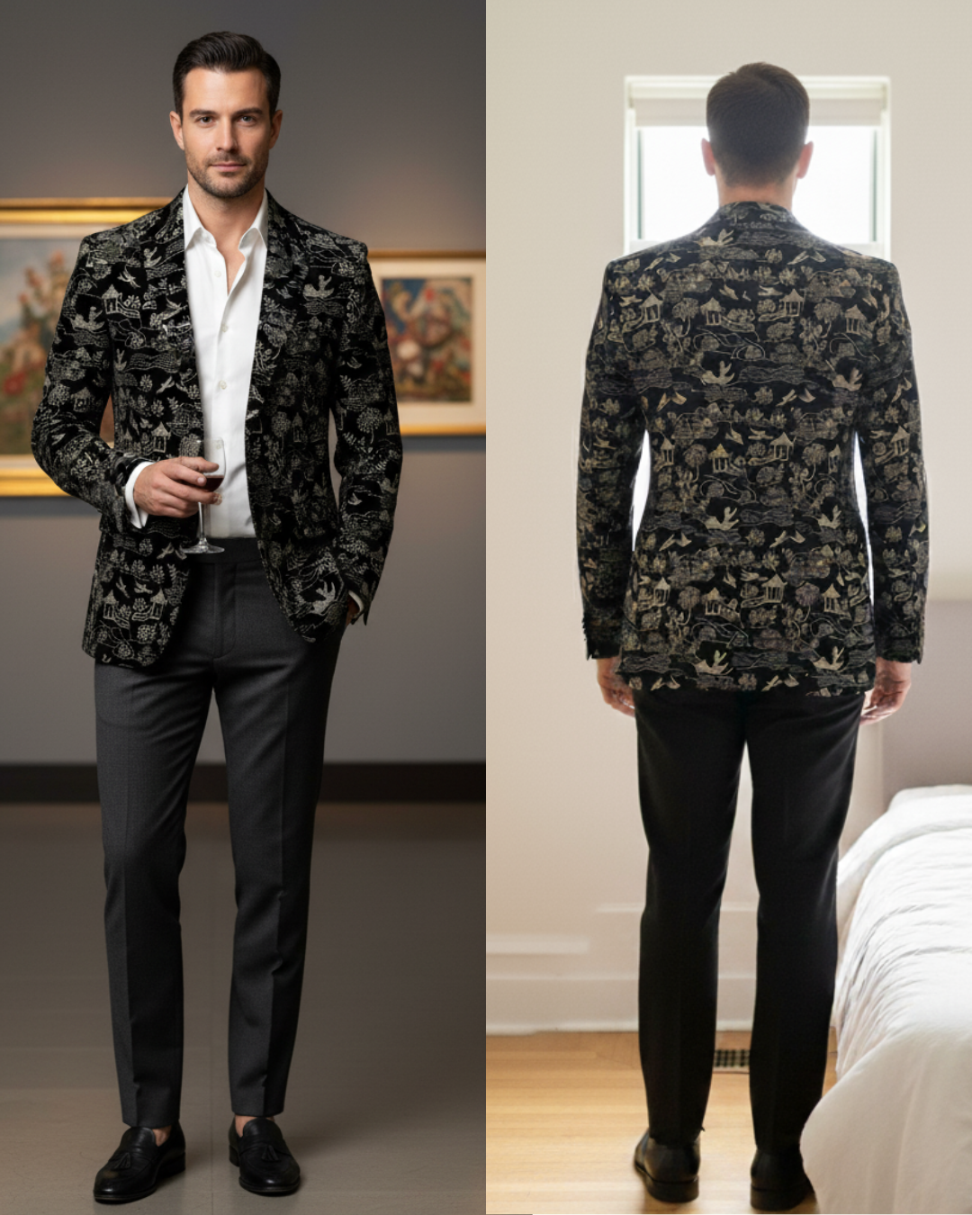 High-quality black velvet featuring lime village-theme thread work for festive menswear.