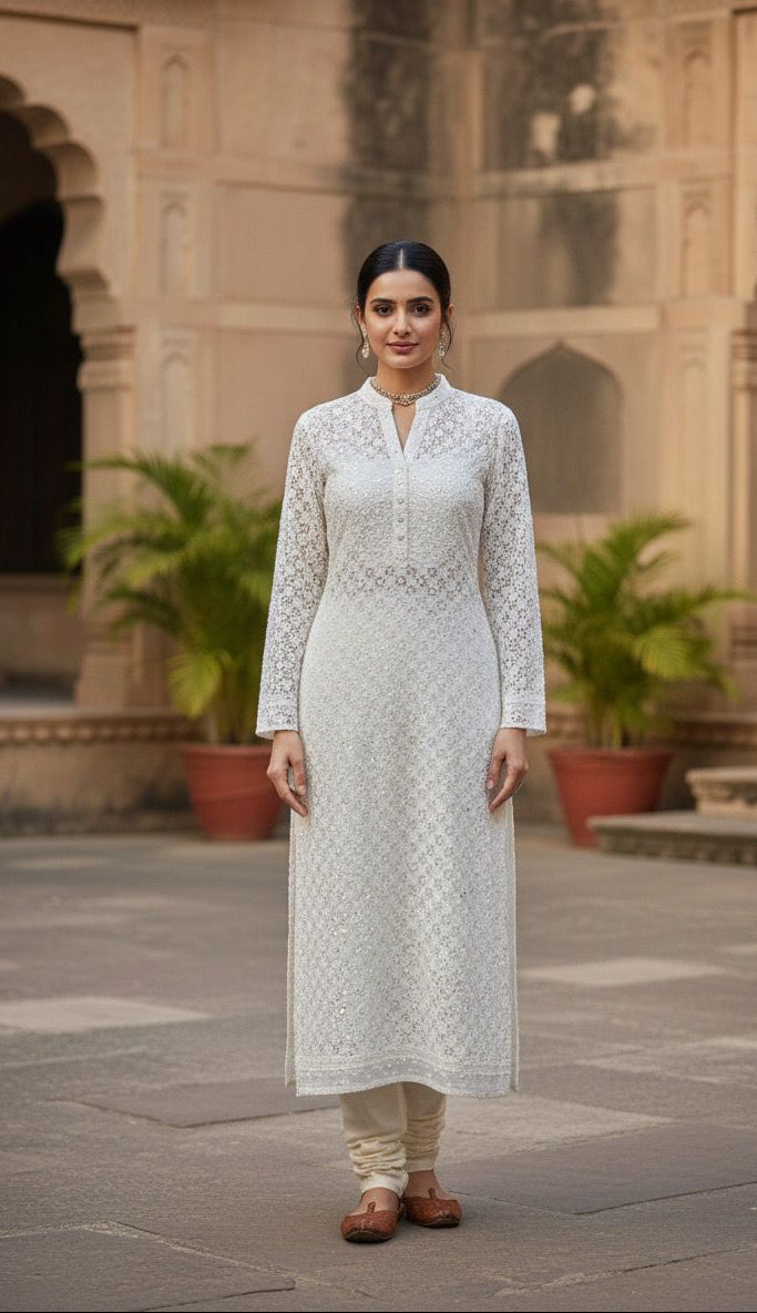 Woman in a white traditional outfit standing in an outdoor setting with arches and plants.