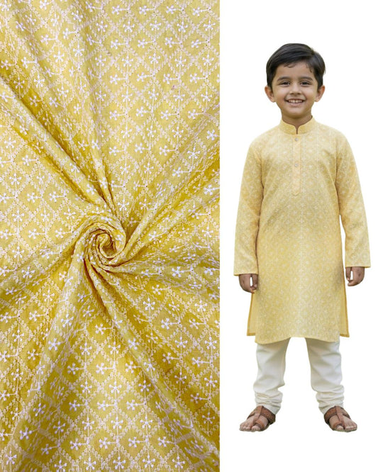 Kids special haldi event kurta fabric displayed with matching embroidered kurta, ideal for festive occasions, weddings, and traditional celebrations.