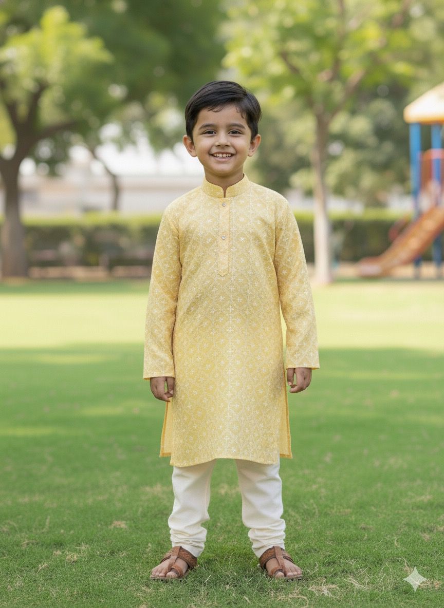 Festive kurta fabric for kids haldi events shown with matching boys kurta, suitable for wedding collections, ethnic fashion, and seasonal celebrations