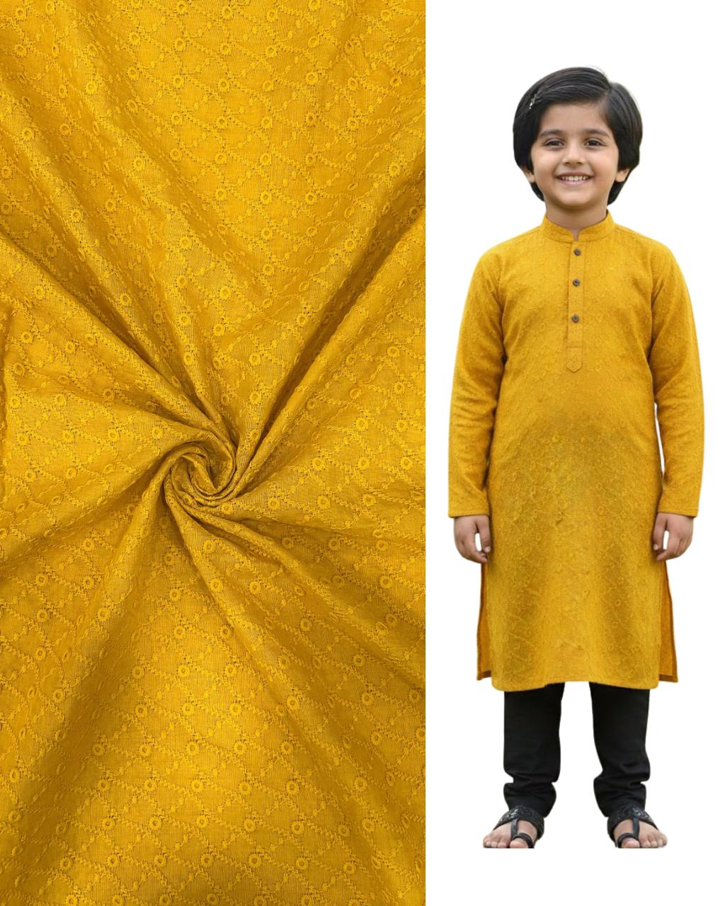 Mustard yellow embroidered kids kurta with matching patterned fabric — Haldi special boys outfit perfect for festive wear, Diwali celebrations, and event functions.