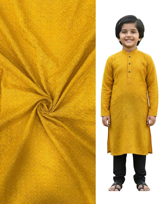 Mustard yellow embroidered kids kurta with matching patterned fabric — Haldi special boys outfit perfect for festive wear, Diwali celebrations, and event functions.