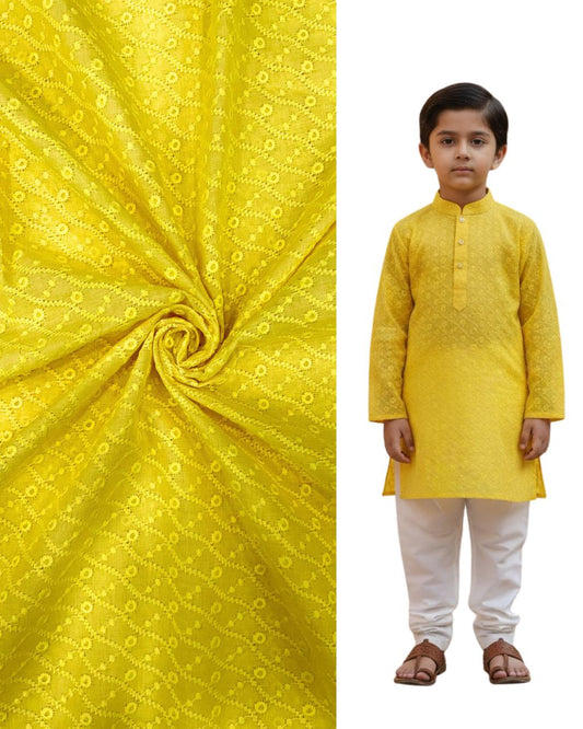 Yellow embroidered kids kurta with matching floral-pattern fabric — Haldi special boys outfit, perfect for festive wear, Diwali celebrations, and event functions.