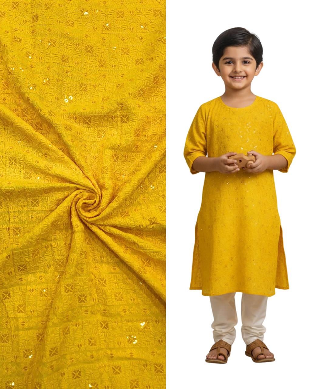 "Yellow embroidered kids kurta with matching fabric swatch — Haldi special outfit for festive and wedding occasions."
