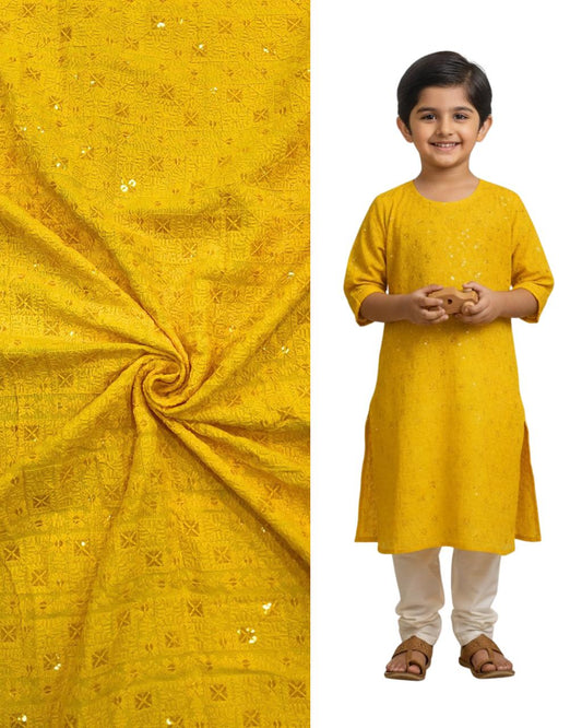 "Yellow embroidered kids kurta with matching fabric swatch — Haldi special outfit for festive and wedding occasions."
