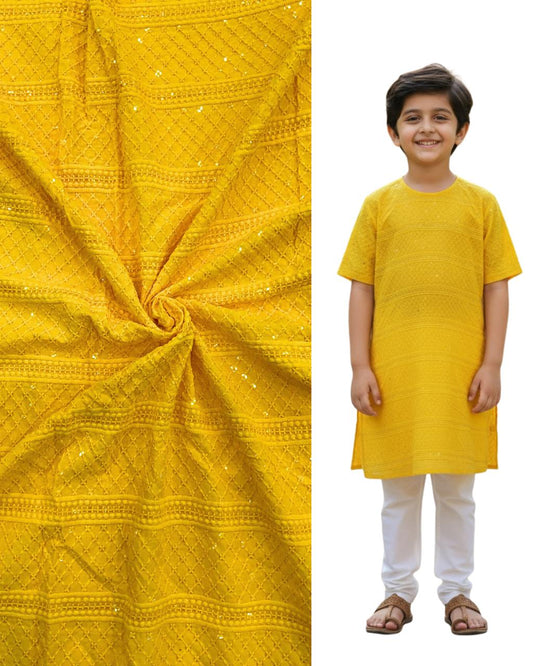 Yellow embroidered kids kurta with matching fabric swatch — Haldi special boys ethnic wear, perfect for festive occasions, Diwali celebrations, and event functions.