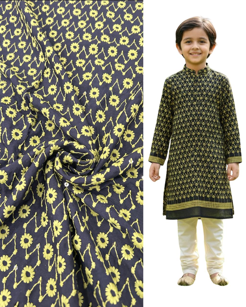 Printed kids kurta with matching floral-pattern fabric — premium boys ethnic wear ideal for festive occasions, weddings, and traditional celebrations.