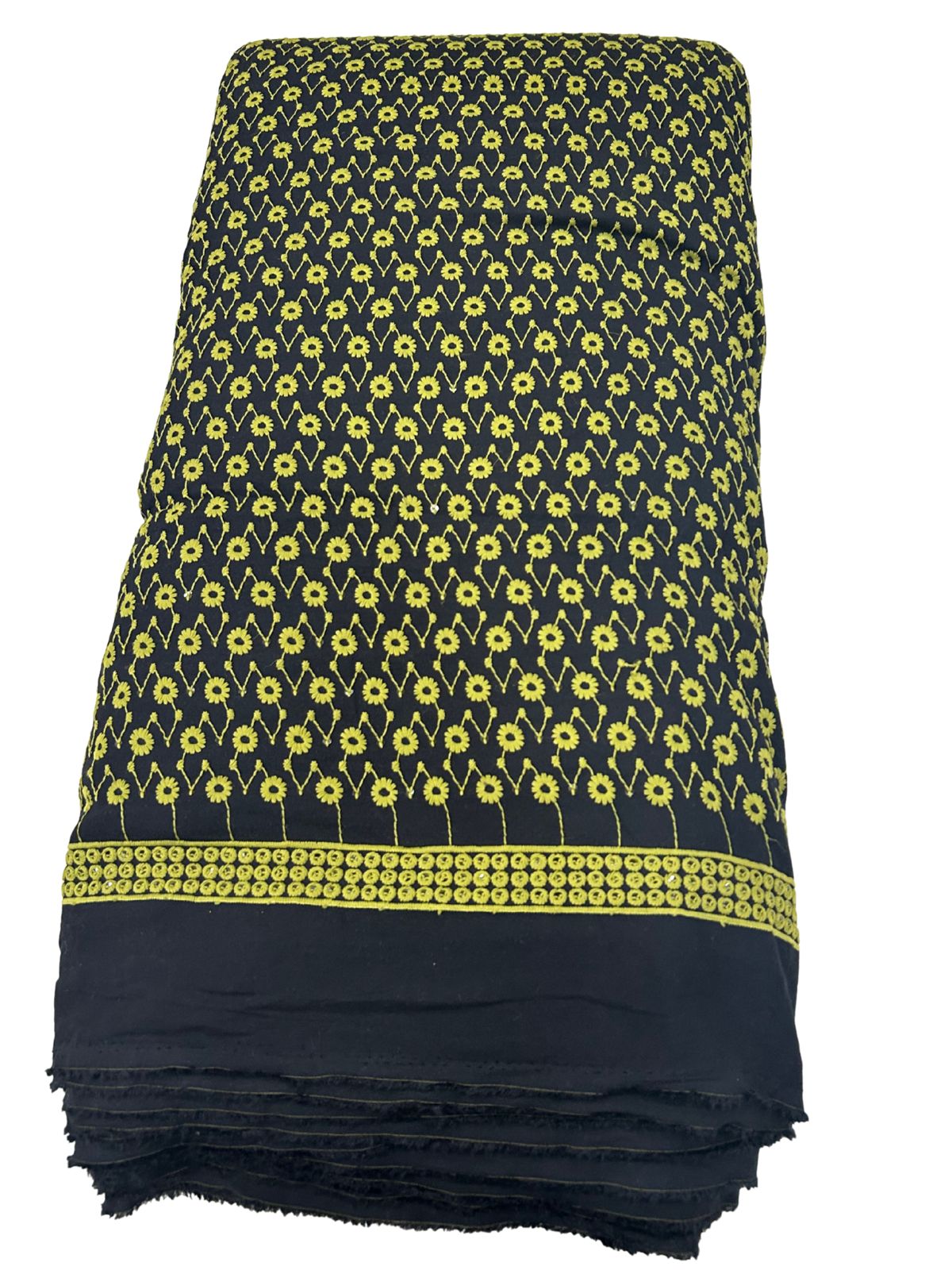 High-quality cotton blend fabric with vibrant yellow floral print – bulk sewing textile for manufacturers and boutiques.
