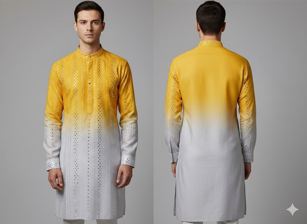 Gorgeous Handi special kurta piece. Yellow-to-white gradient material. Diwali, wedding special.
