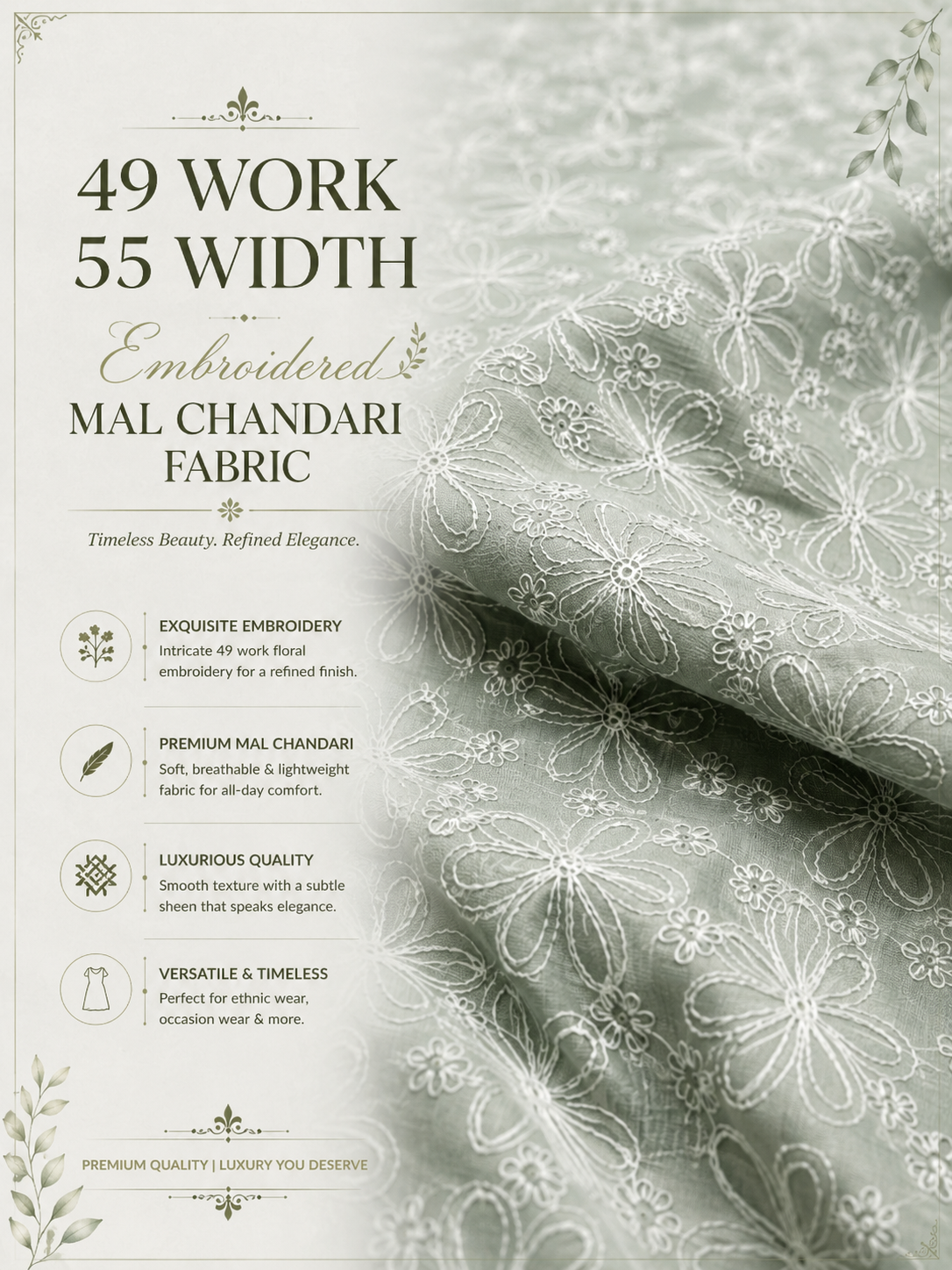 Sage Green Embroidered Mal Chanderi Fabric With White Floral Thread Work | 49 Work | 55 Inch Width | ThreadnTha