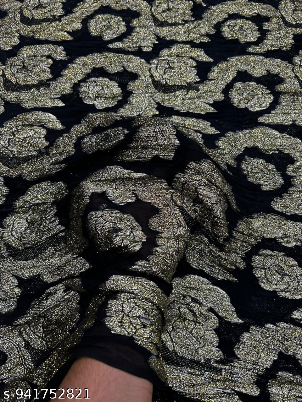 Premium Black Gold Floral Georgette Fabric with Heavy Rose Lurex Work | Elegant Party Wear Collection for Gown, Saree & Designer Outfits