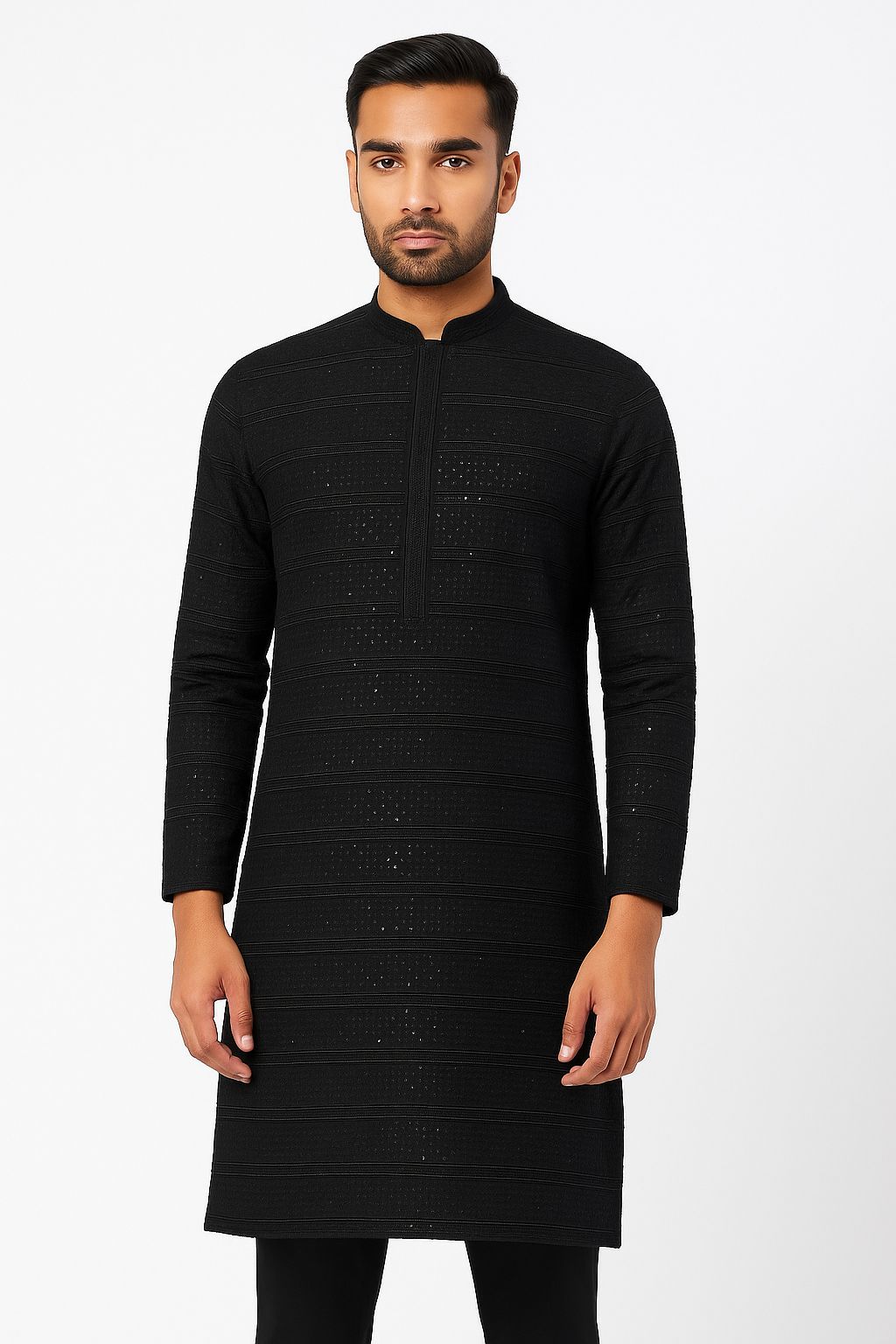 Premium black rayon viscose sequin and embroidery fabric for men’s traditional kurta and ethnic festive outfits

