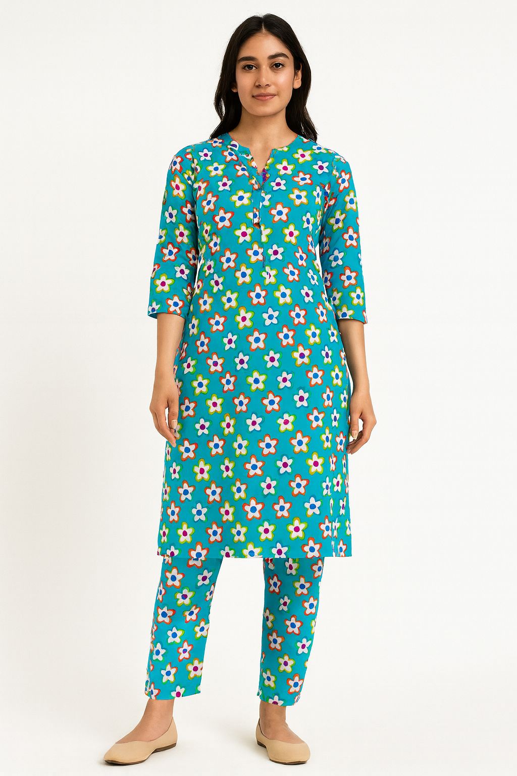 Cheerful teal Hakoba Embroidery Floral Print Fabric (44 inches wide), great for tailoring comfortable, sophisticated, and fashionable outfits.