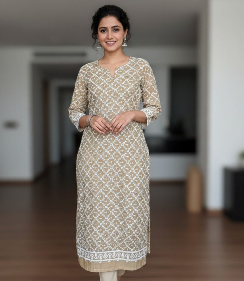 beige kurti suit fabric roman silk chikankari