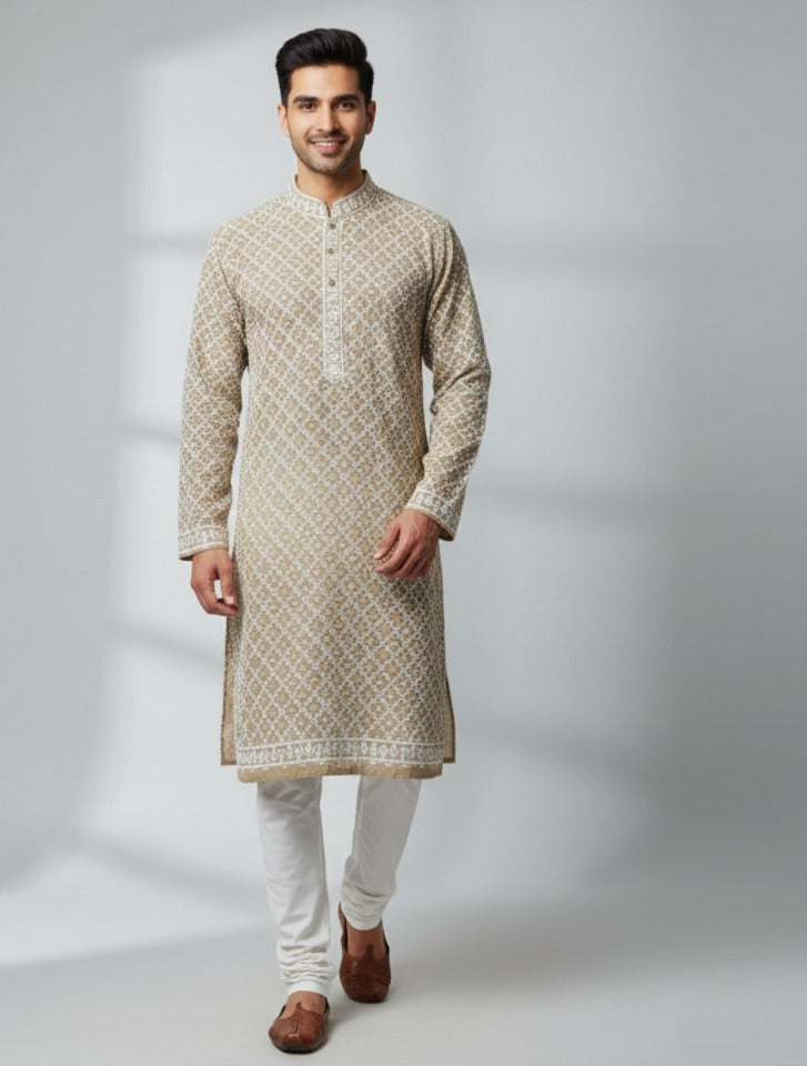 beige silk kurta fabric men chikankari embroidery