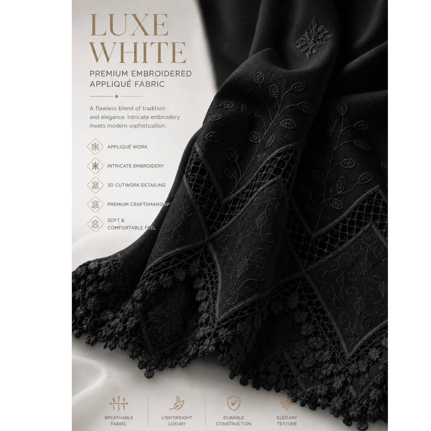 Premium black applique embroidery fabric with elegant cutwork border, floral embroidery and detailed fabric features.