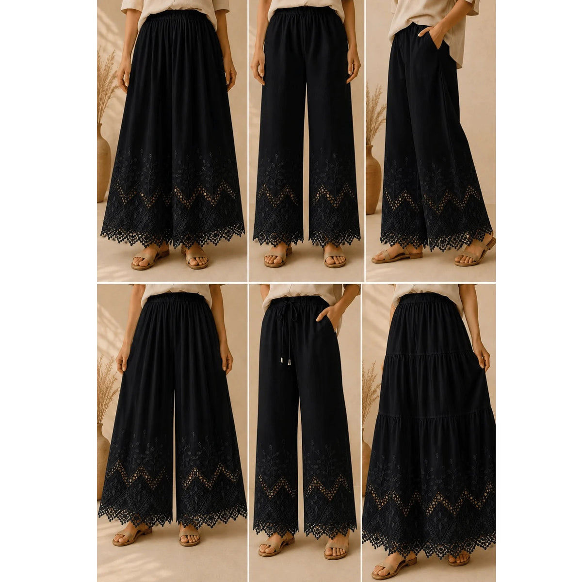 Premium black applique fabric showcased in elegant palazzo pant designs with embroidered lace border.