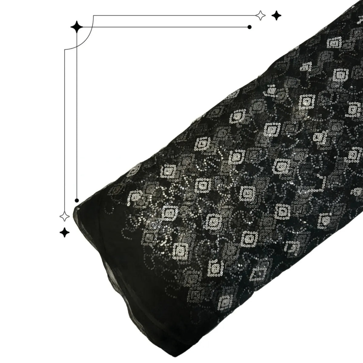 Black Bandhani Sequins Embroidered Net Fabric Roll with Geometric Diamond Pattern for Lehengas, Sarees and Evening Gowns.