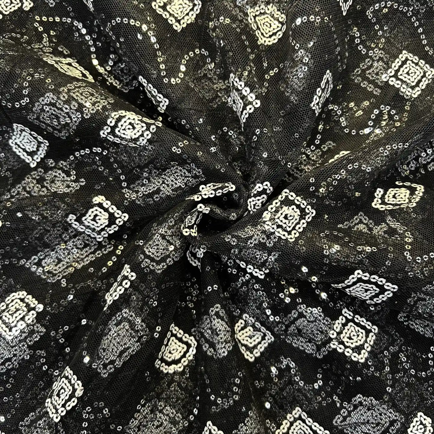 Black Bandhani Sequins Embroidered Net Fabric with Geometric Diamond Pattern for Lehengas, Sarees and Evening Gowns.