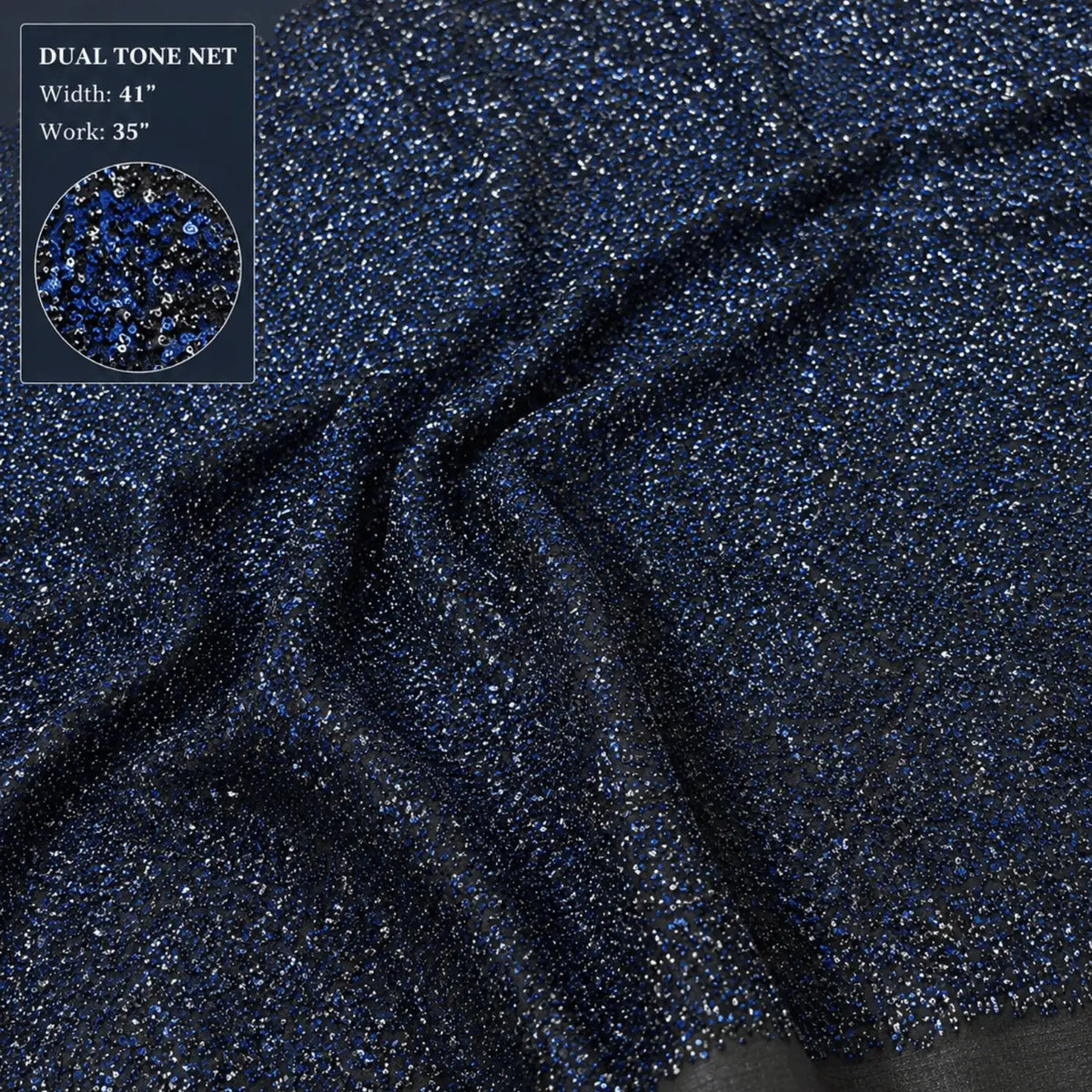 Premium black blue dual tone sequins net fabric featuring dense all-over blue and silver sequins on a soft net base, displayed with 41-inch fabric width and 35-inch work width, ideal for bridal lehengas, gowns, sarees, cocktail dresses and festive designer wear.