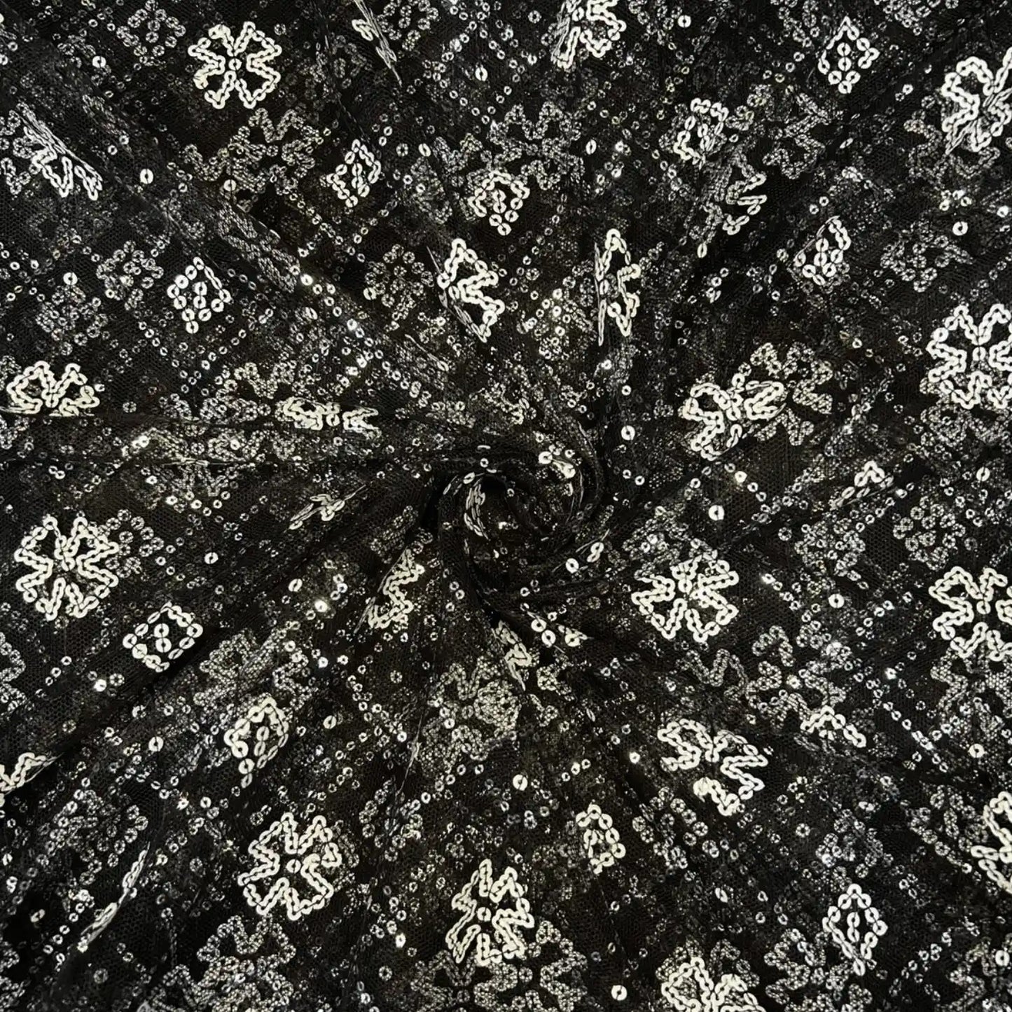 Black Floral Geometric Sequins Embroidered Net Fabric for Bridal Gowns, Lehengas, Sarees and Party Wear.