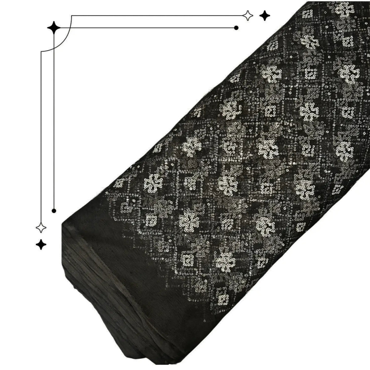 Black Floral Geometric Sequins Embroidered Net Fabric Roll for Bridal Gowns, Lehengas, Sarees and Party Wear.